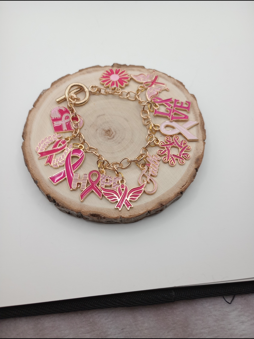 Gold Pink Breast Cancer Awareness Charm Bracelet - Picture 2 of 11